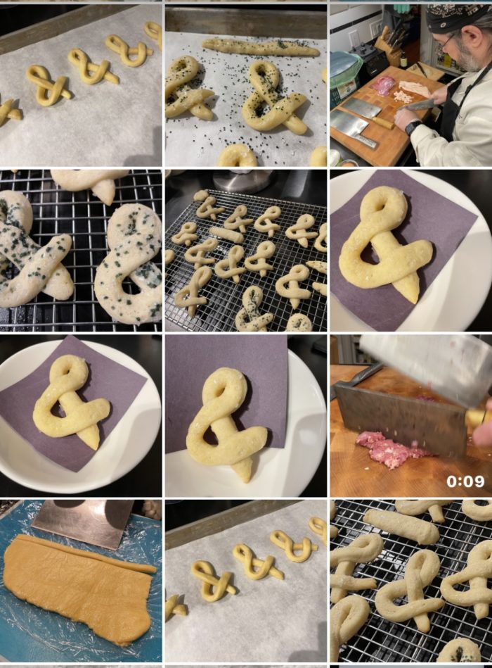grid of photos from my phone, showing mostly various iterations of the ampersand shaped cookie, but a few of corwin prepping duck with the cleaver