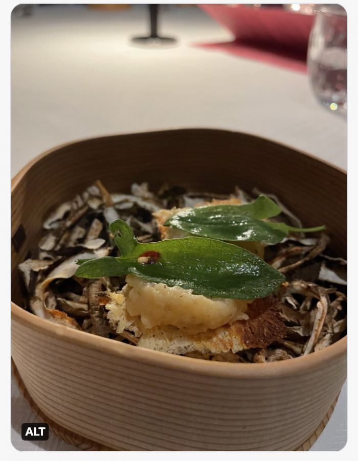 The amuse seated on a bed of shredded dried mushroom