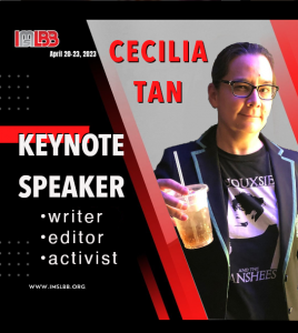 Banner graphic showing a photo of Cecilia Tan and the words Keynote Speaker, writer, editor, activist, IMsLBB - International Ms. Leather and Bootblack