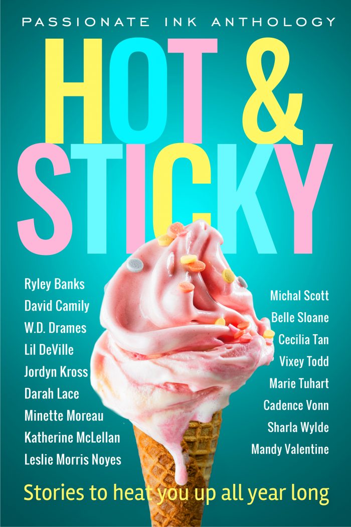 Ebook cover with text title Hot and Sticky with iage of ice cream cone and contributing author names in small text